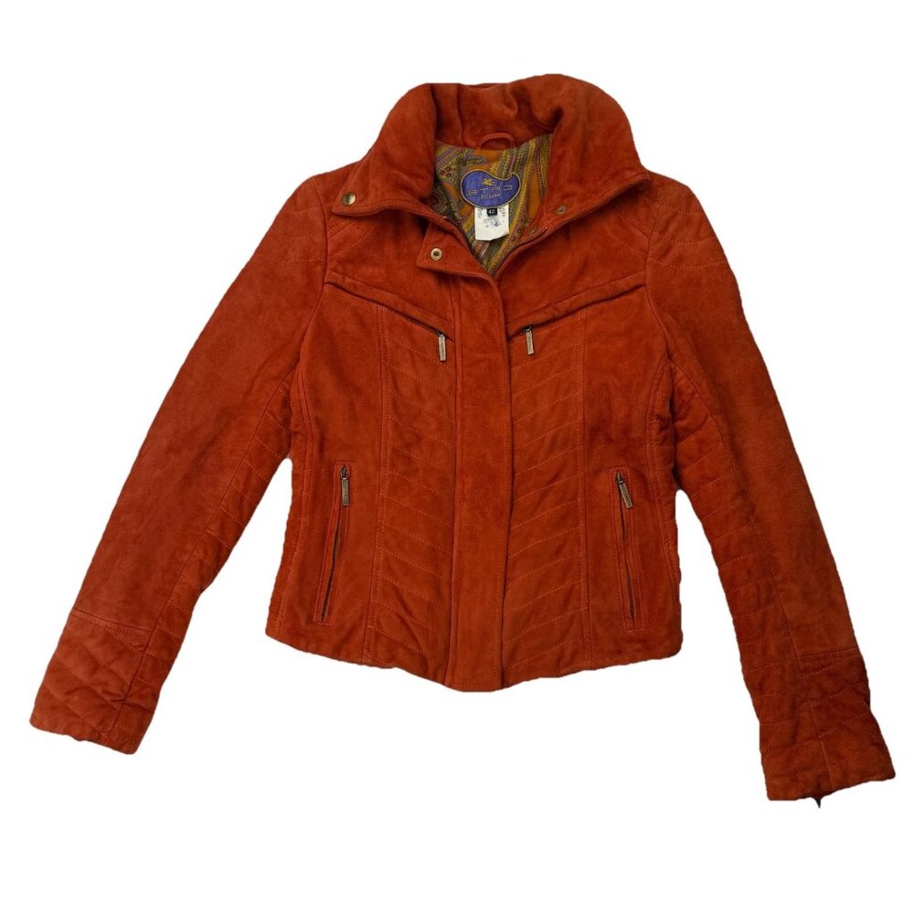 Etro Milano Womens 42 Orange Suede Leather Sheep Skin Long Sleeve Zip Up Jacket
